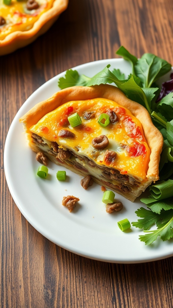 A slice of hamburger quiche with ground beef and cheese on a plate, garnished with green onions, next to a salad.